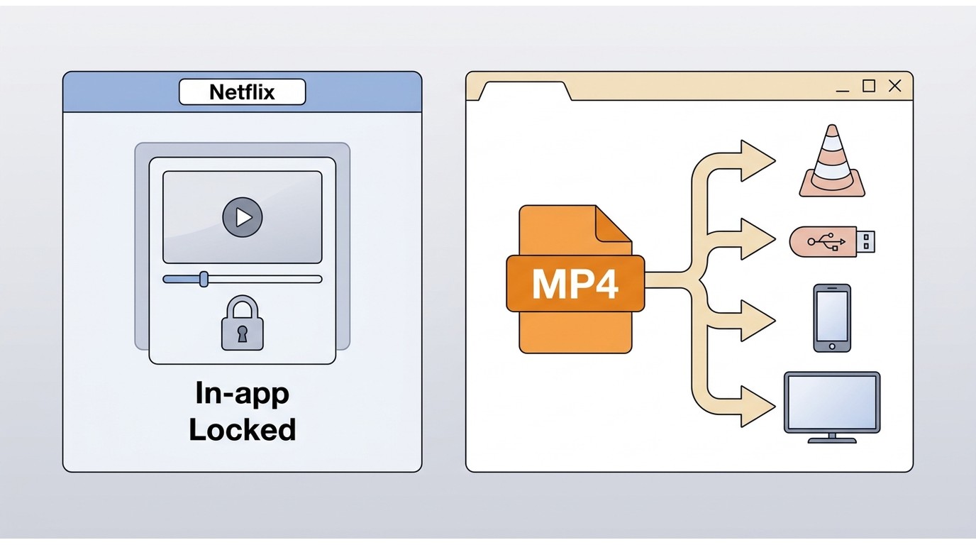 Comparison of Netflix in-app downloads and MP4 files usable in VLC, USB, phones, and TVs