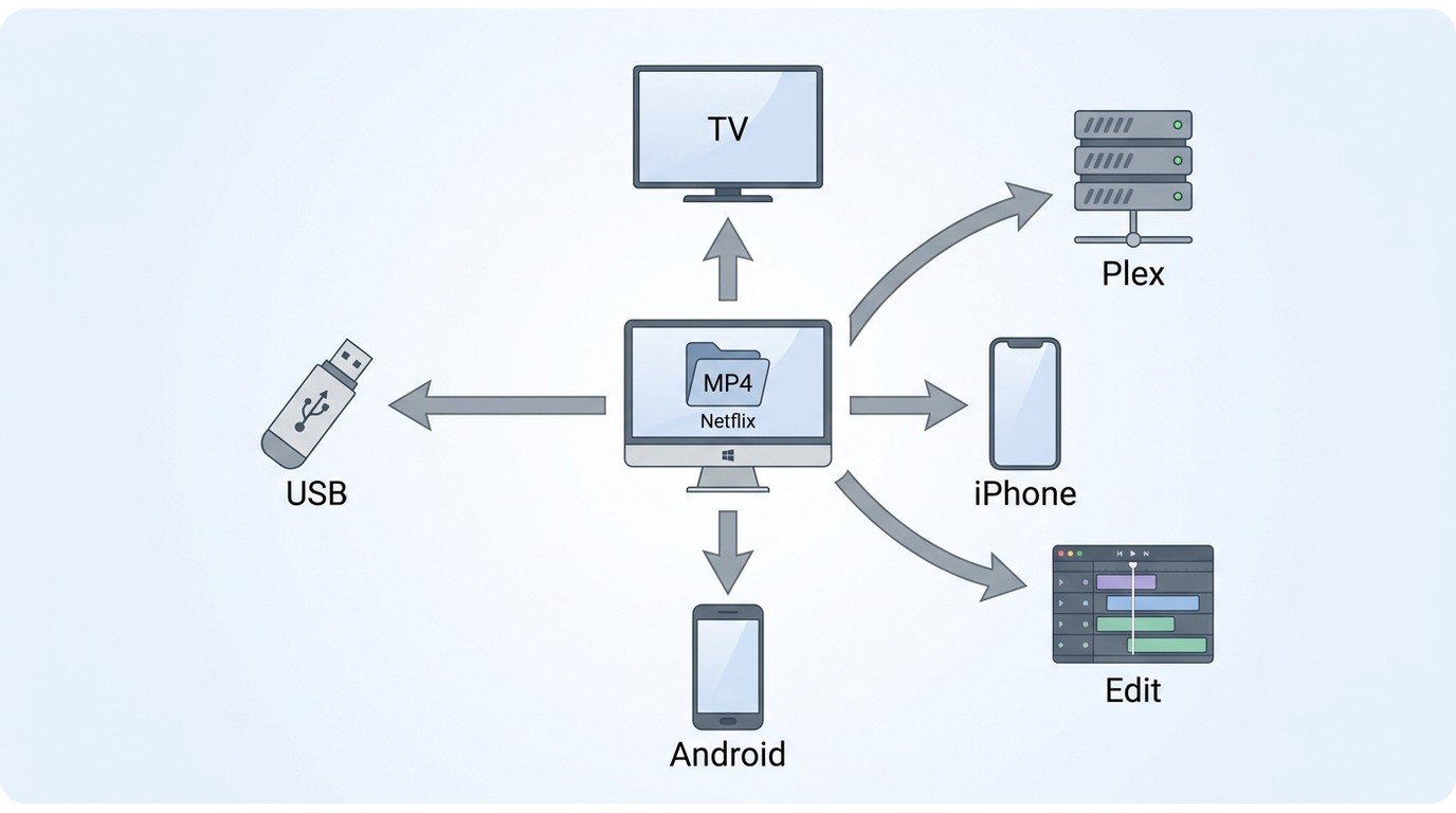 How an MP4 file from a PC can move to USB, phones, TV, Plex, and editing apps