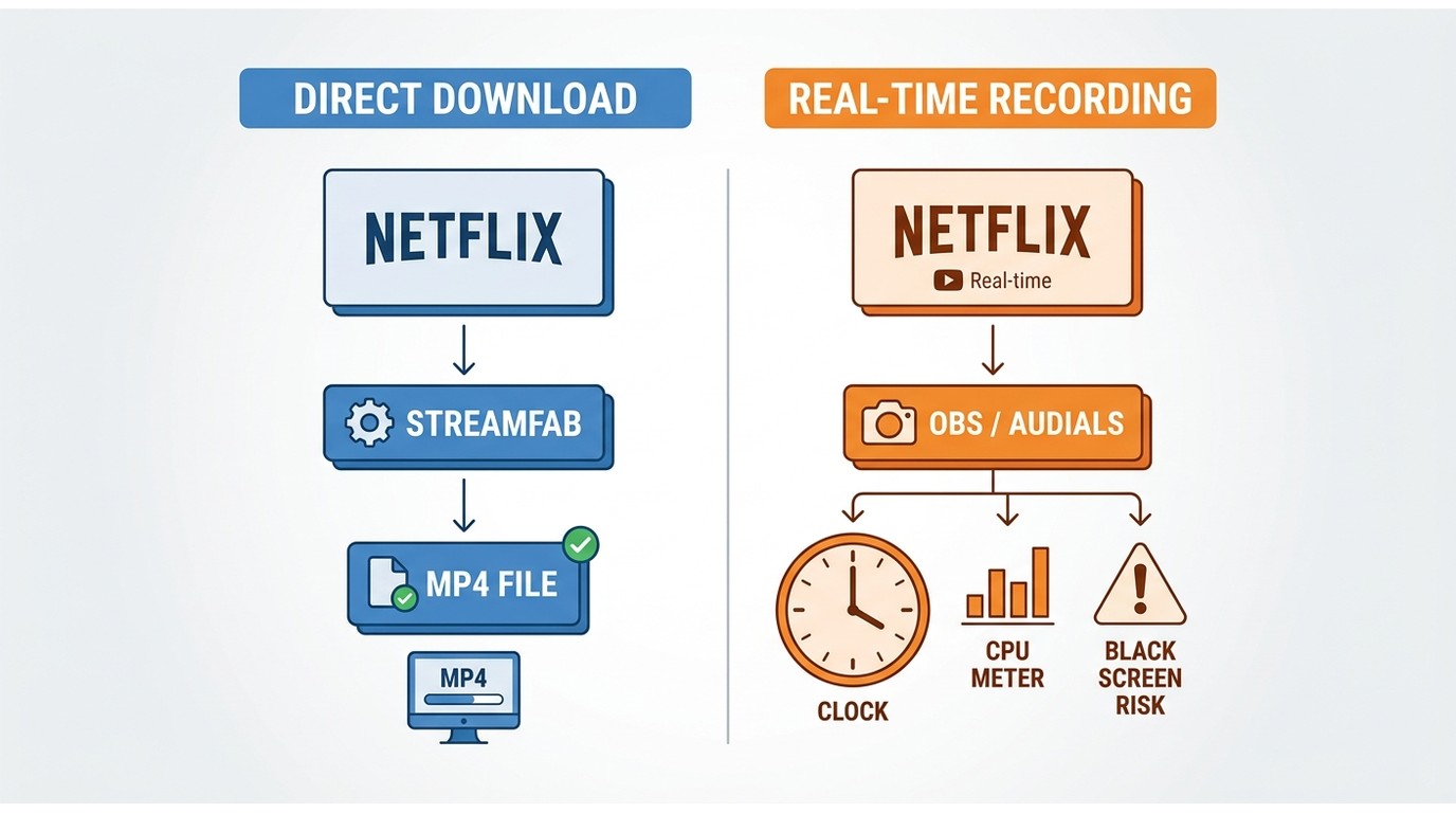 Difference between direct Netflix-to-MP4 download tools and real-time recording with OBS or Audials