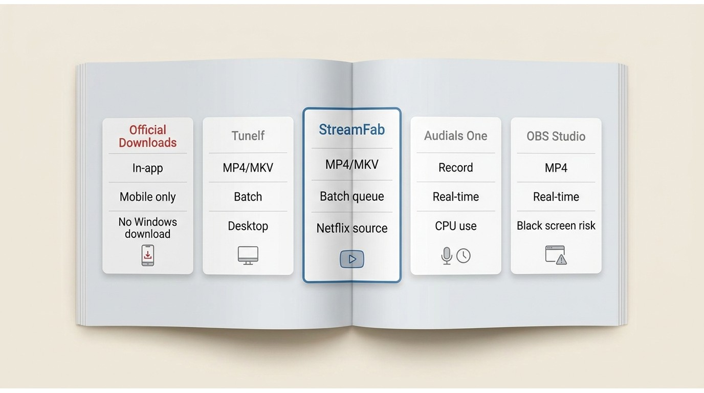Comparison of Official Netflix downloads, StreamFab, Tunelf, Audials One, and OBS for MP4 use