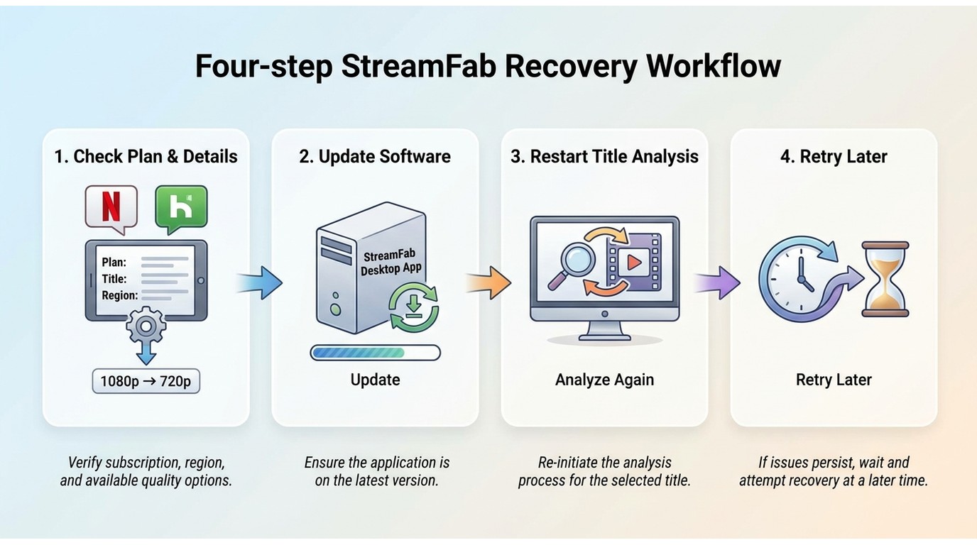 StreamFab recovery steps for Netflix or Hulu quality fallback and failed analysis