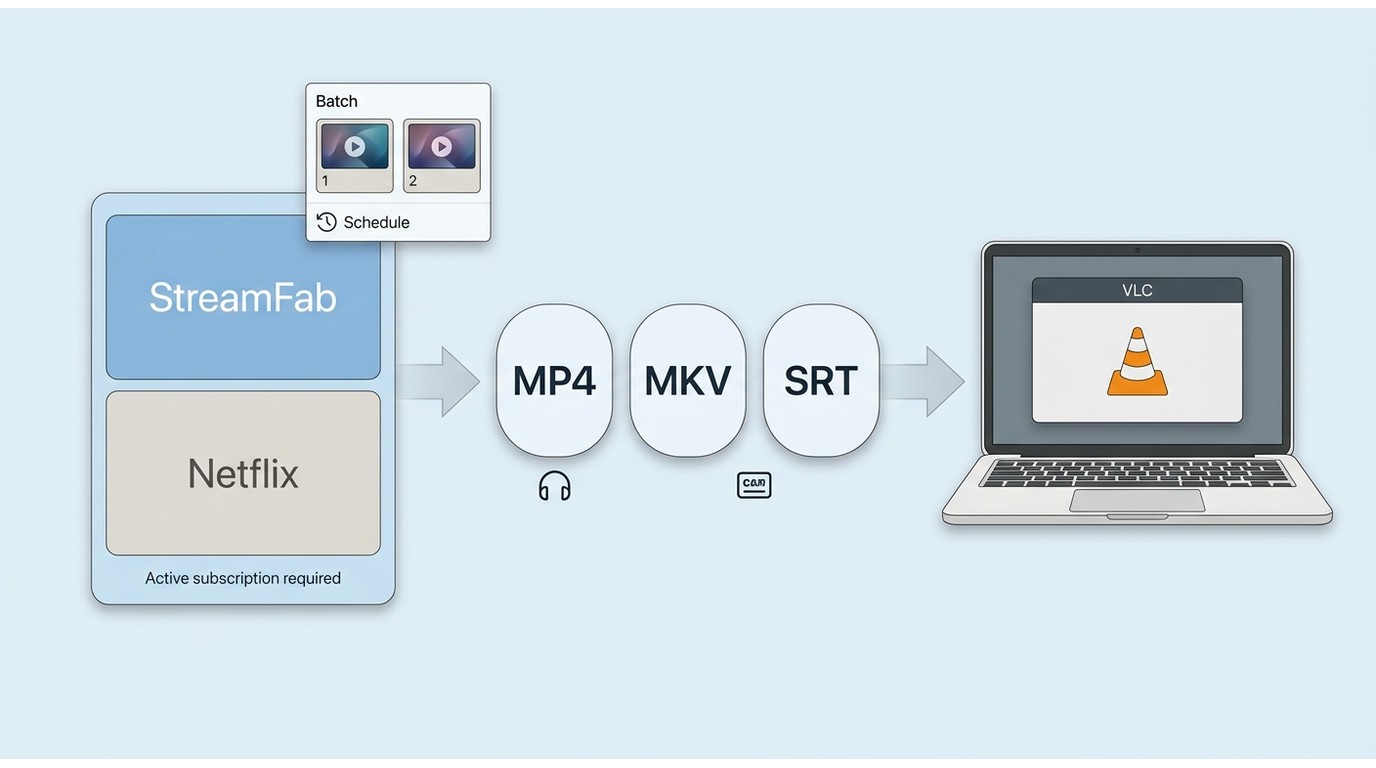 StreamFab download options for MP4 or MKV, audio tracks, subtitles, SRT files, and batch scheduling.