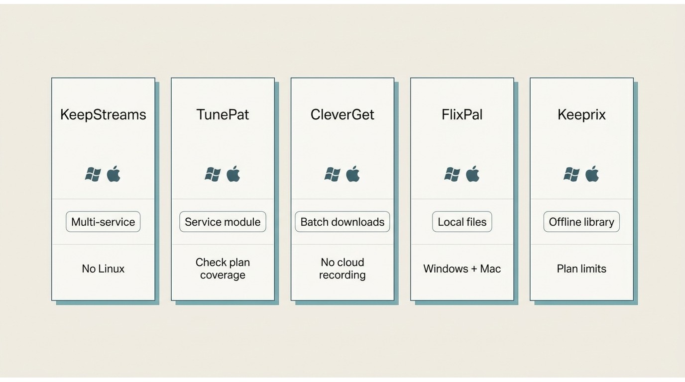 KeepStreams, TunePat, CleverGet, FlixPal, and Keeprix workflow and OS-fit comparison