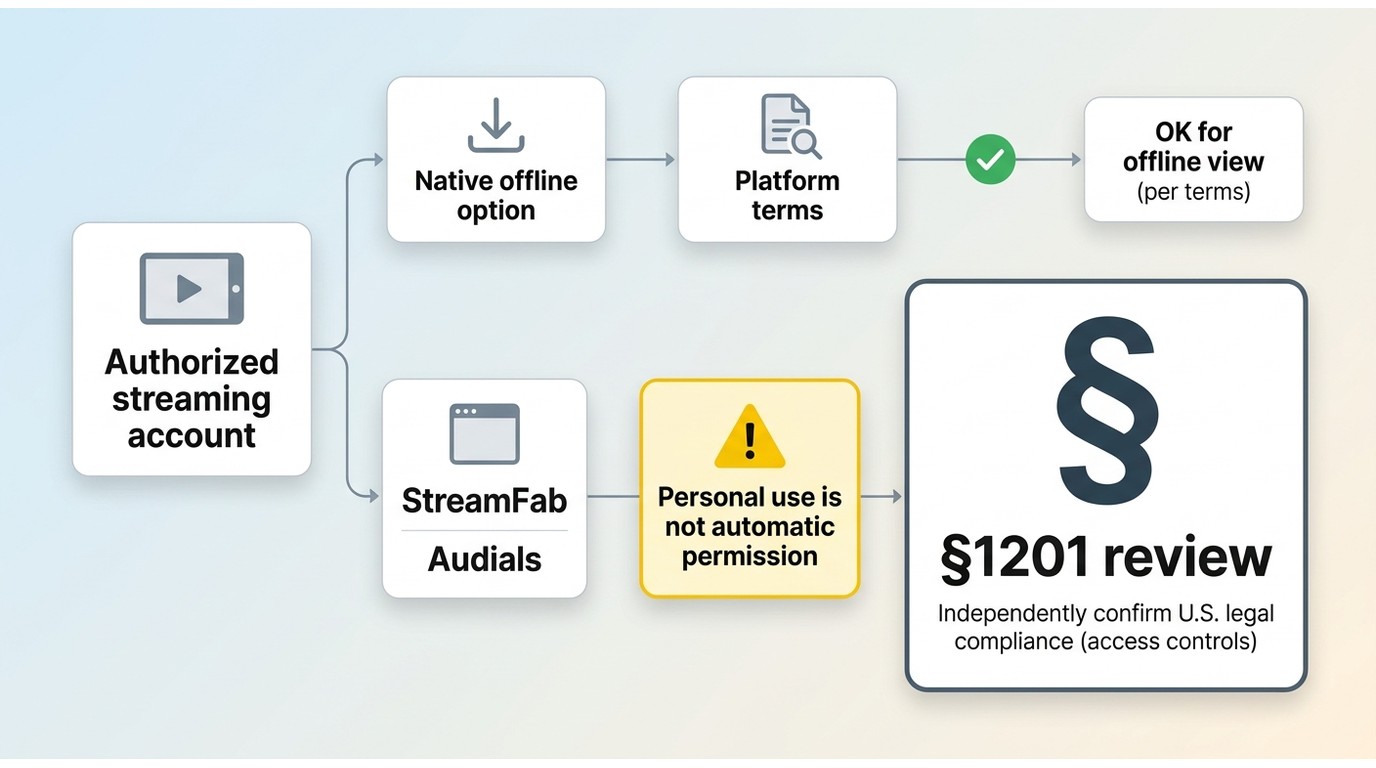 Decision path separating StreamFab or Audials personal use, platform terms, native downloads, and §1