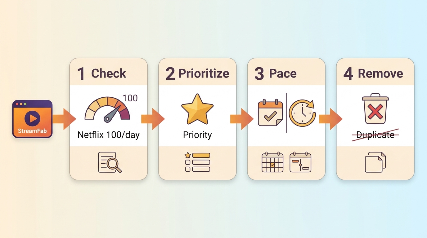StreamFab workflow for checking quotas, prioritizing titles, and pacing queues