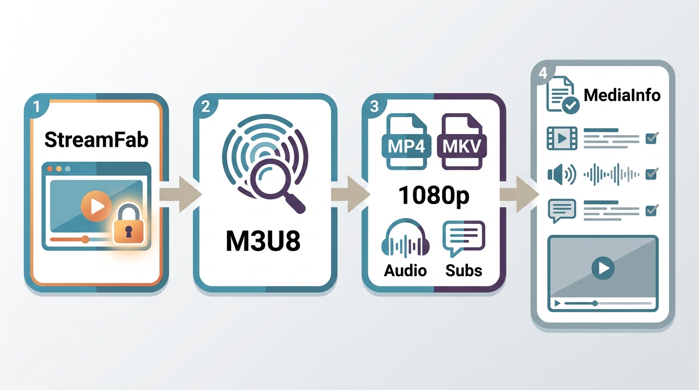 How StreamFab detects an M3U8 title, saves MP4 or MKV, and verifies tracks in MediaInfo