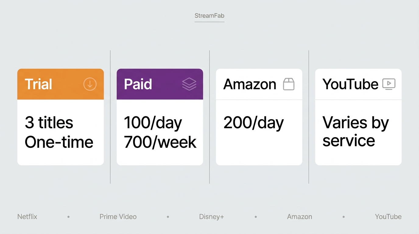 StreamFab quota comparison for trial, paid, Amazon, and YouTube downloads