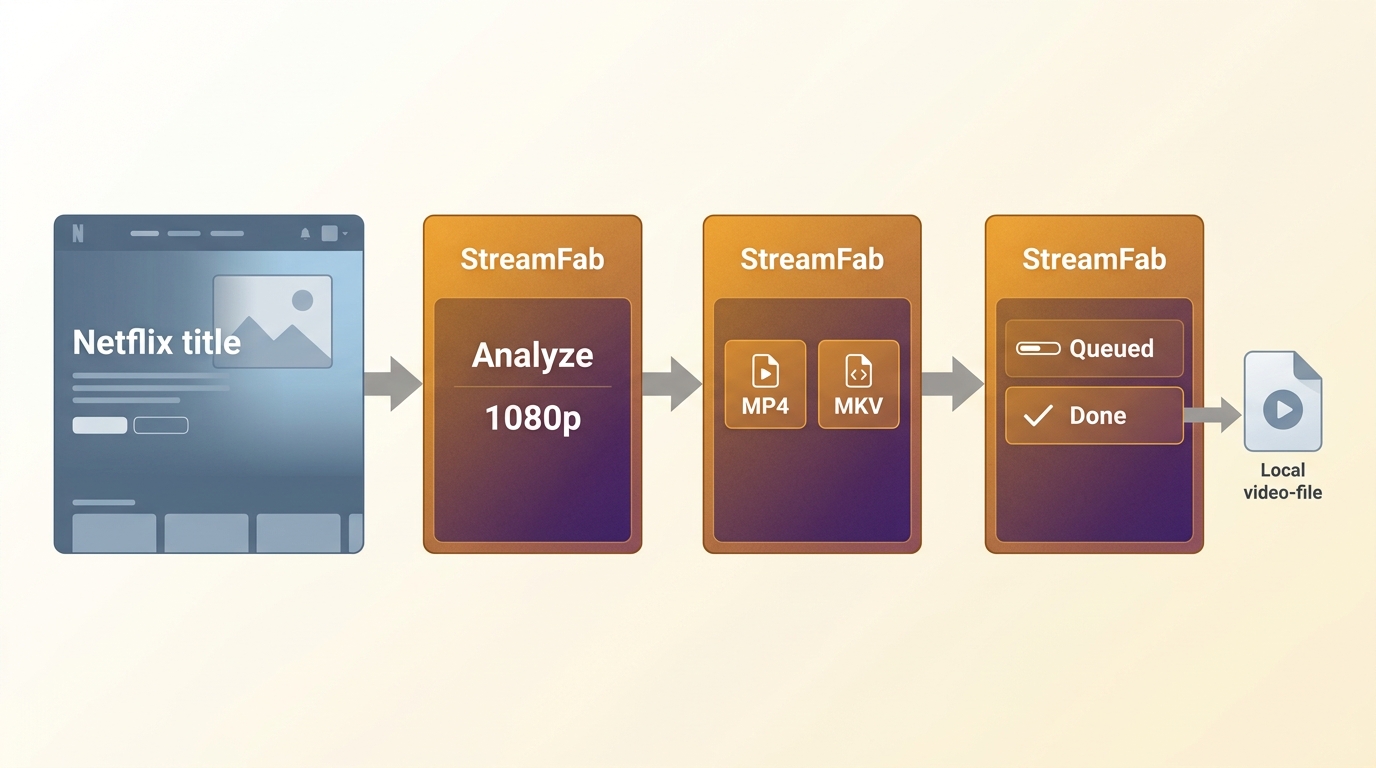StreamFab workflow from Netflix title analysis to MP4 or MKV download queue