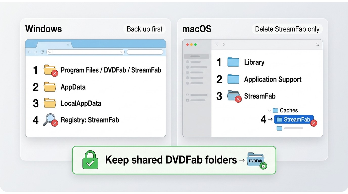 StreamFab cleanup locations on Windows and macOS, with shared DVDFab folders kept intact.