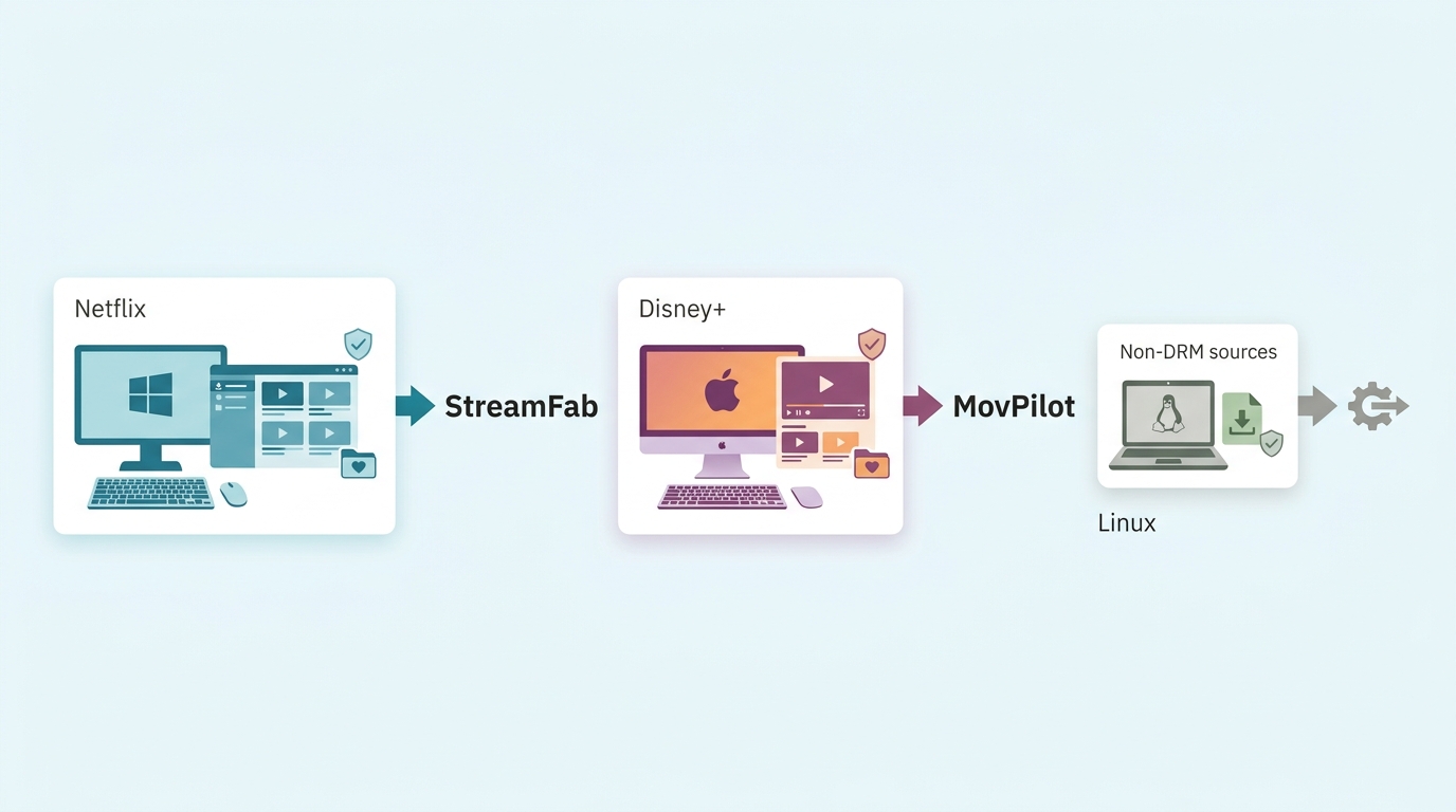 StreamFab and MovPilot paid OTT workflows compared with Linux tools for non-DRM sources