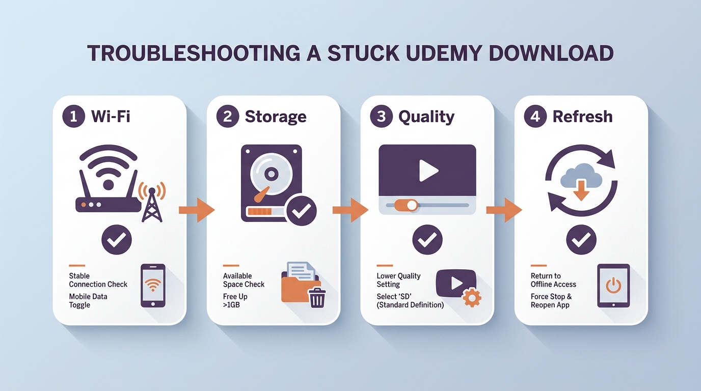 Udemy download troubleshooting process covers network, storage, video quality, and access refresh issues.