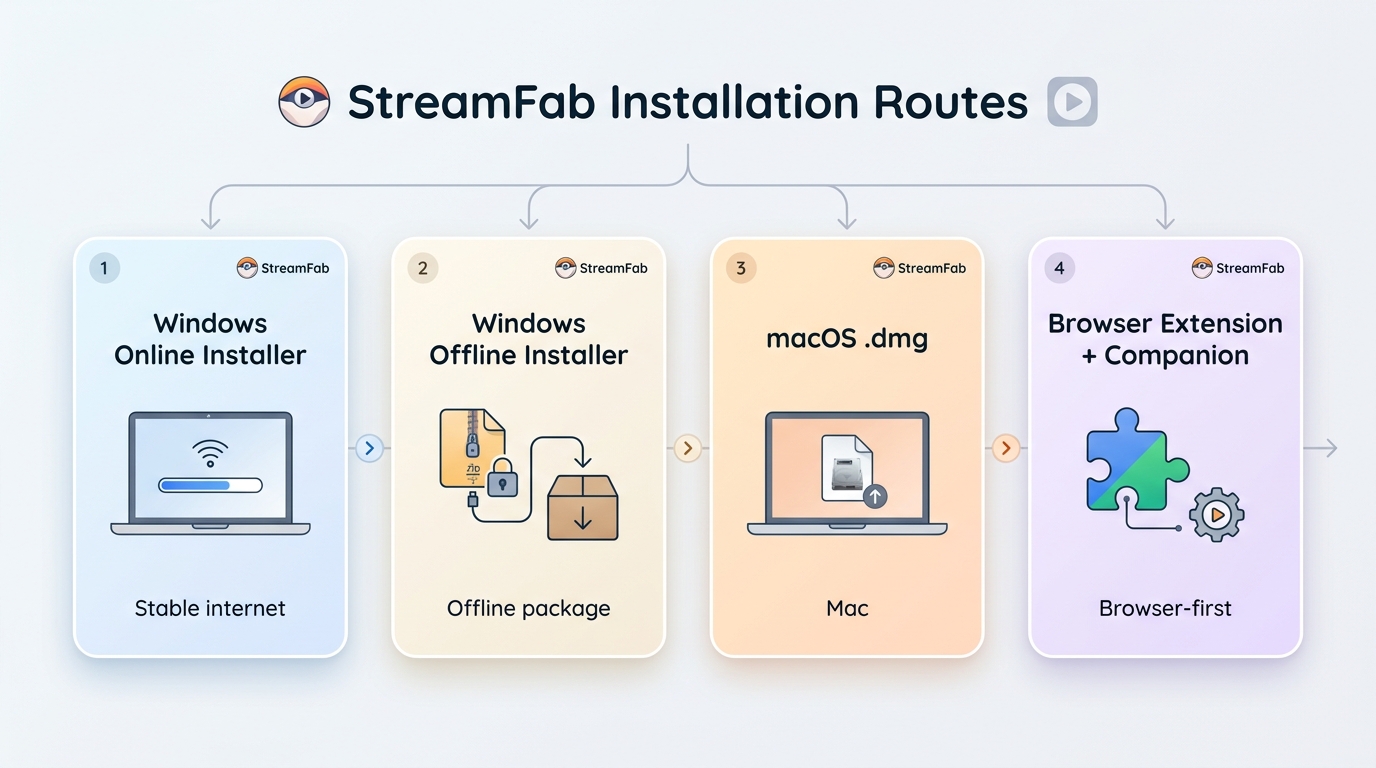 StreamFab installation routes for Windows, macOS, and browser use