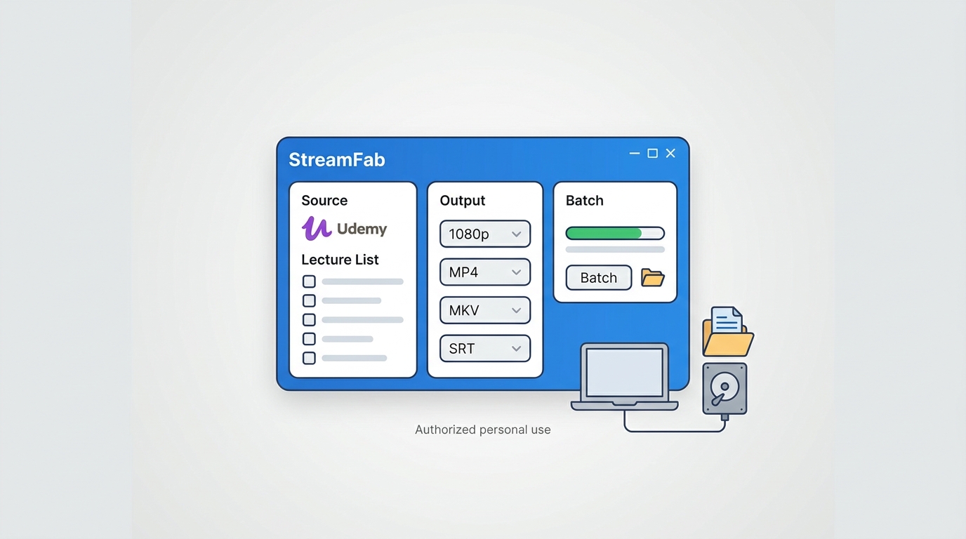StreamFab interface for downloading Udemy courses and outputting 1080p MP4 or MKV files