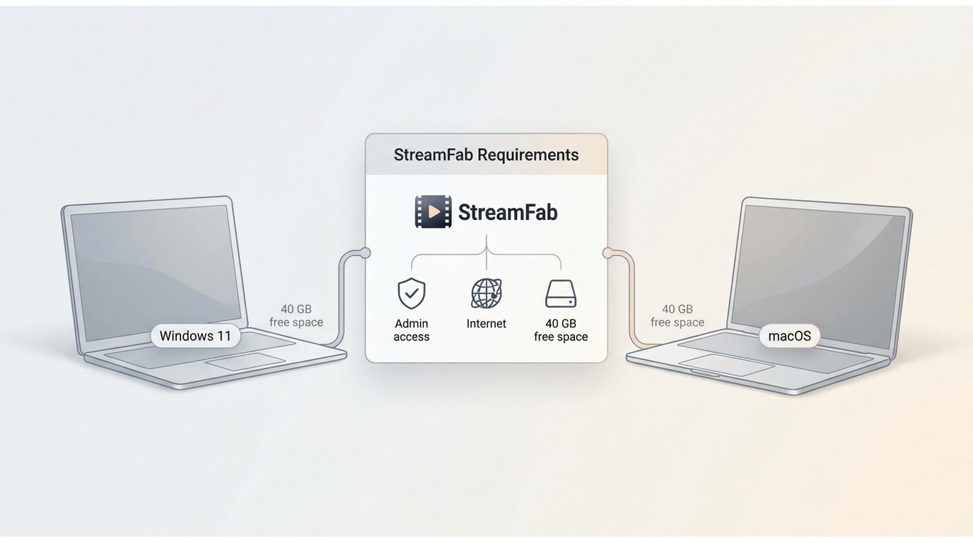 StreamFab requirements for Windows and macOS including 40 GB free space