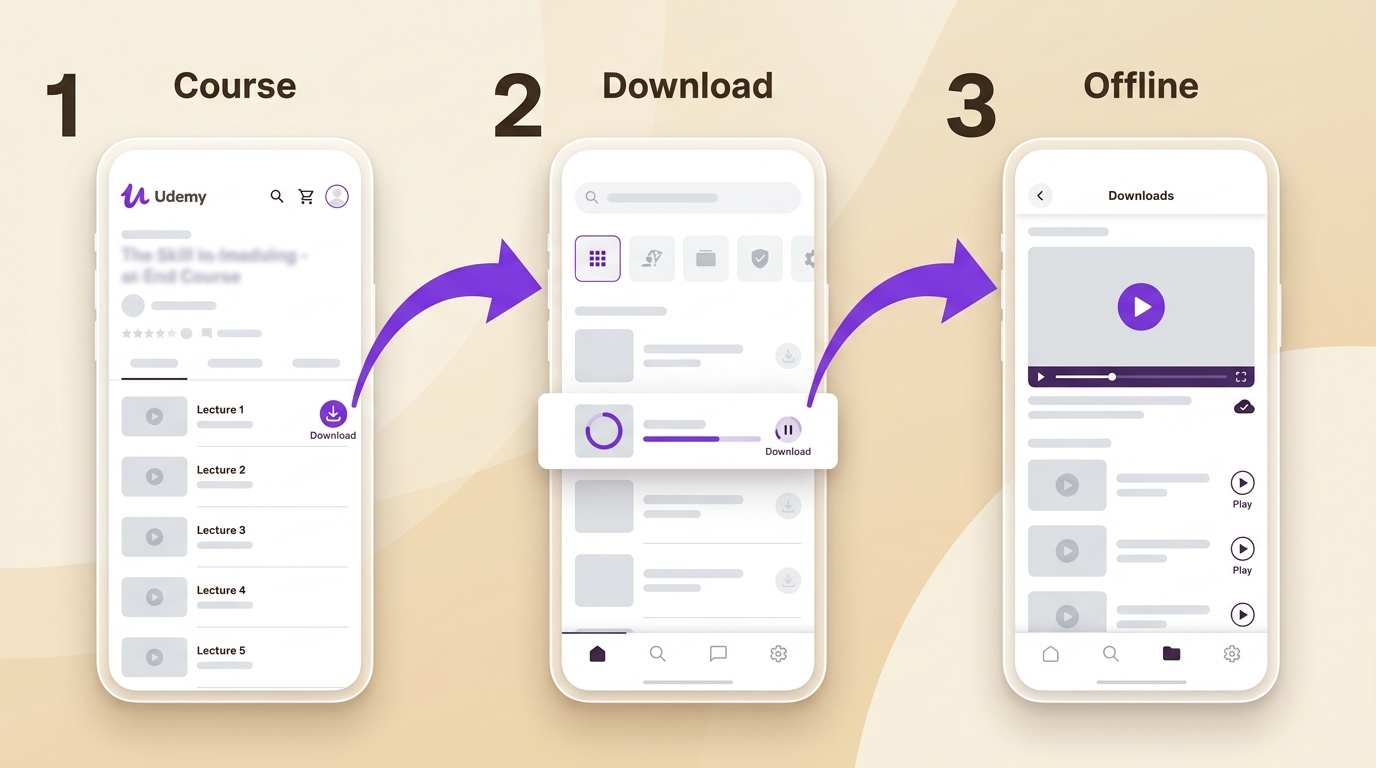 Steps to download Udemy courses on the mobile app and play them from the offline area