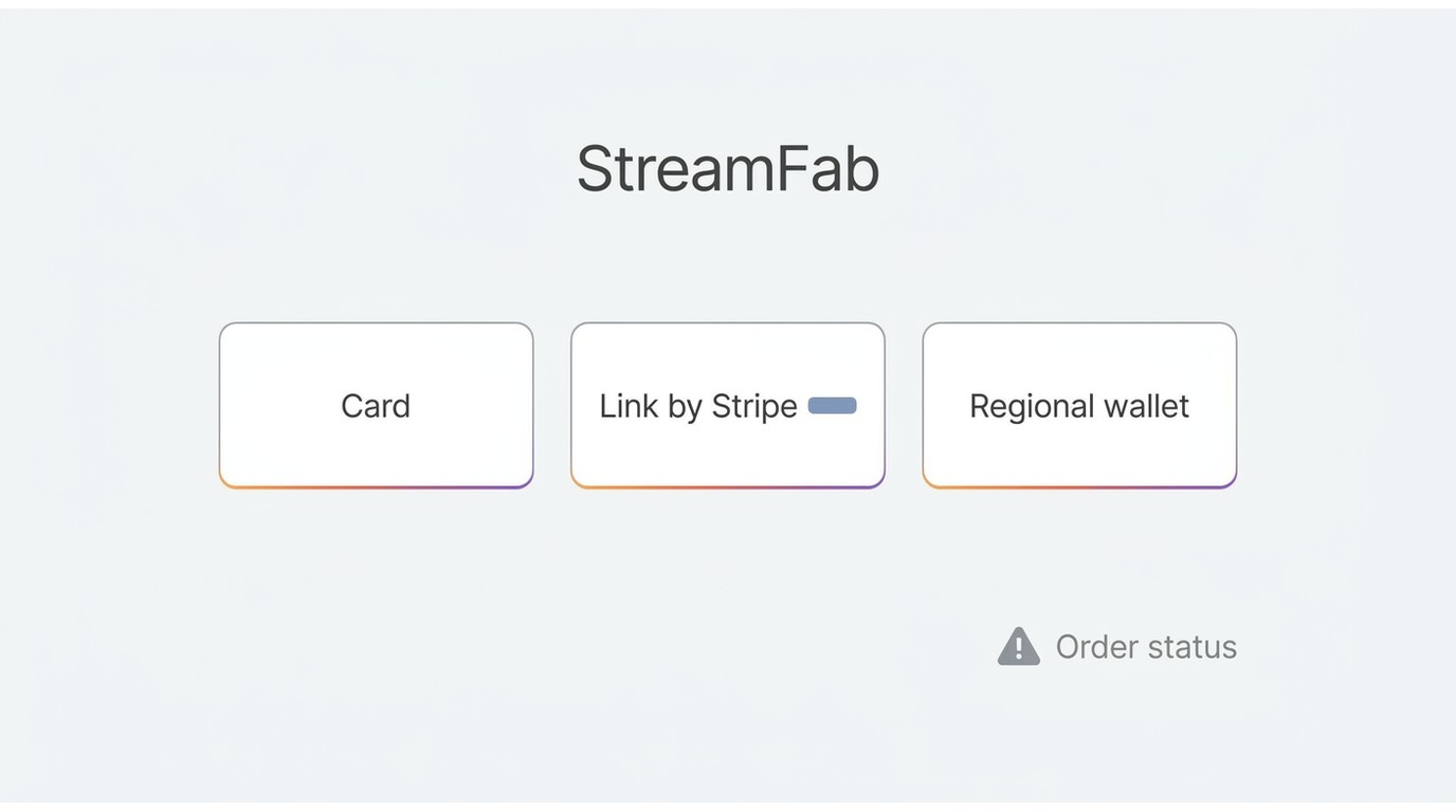 StreamFab US checkout with card, Link by Stripe, and payment status options