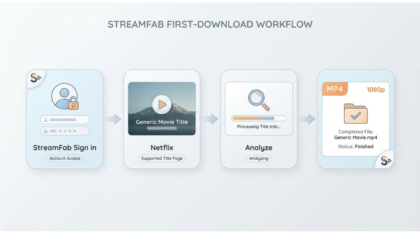 StreamFab first download from account sign-in to a completed MP4 file