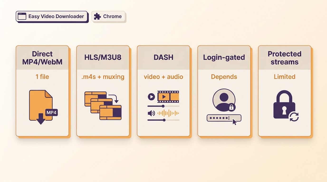 Easy Video Downloader results for MP4, M3U8, DASH, login, and protected streams