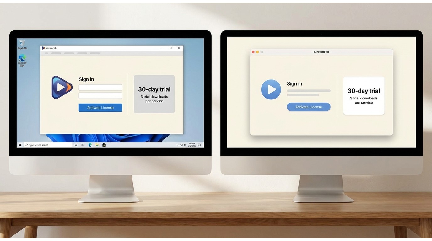 StreamFab account activation screen with 30-day trial details