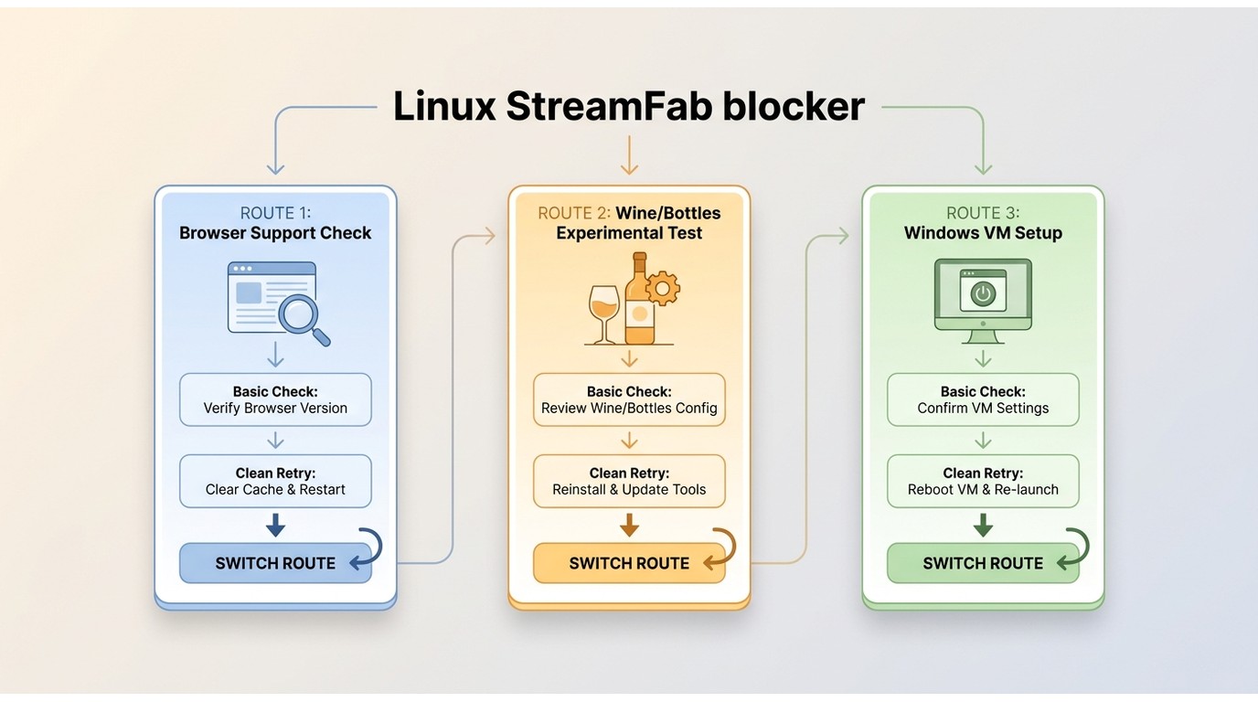 StreamFab Linux troubleshooting flow showing when to retry or switch routes