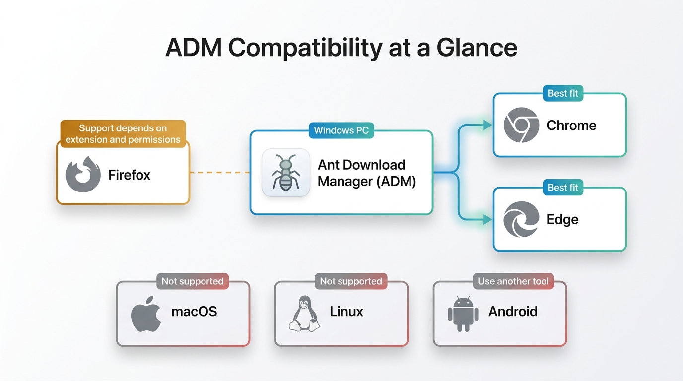 ADM compatibility with Windows, Chrome, Edge, Firefox, macOS, Linux, and Android