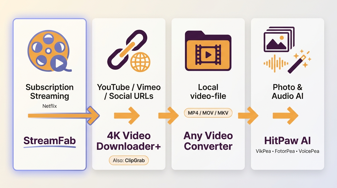 Workflow guide matching StreamFab, ClipGrab, Any Video Converter, and HitPaw AI tools to source type