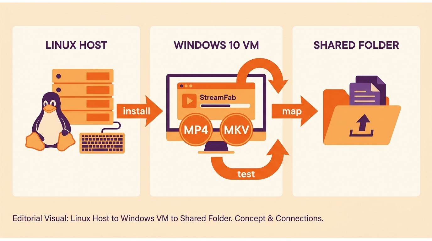 Windows 10 VM on Linux running StreamFab with MP4 and MKV shared files