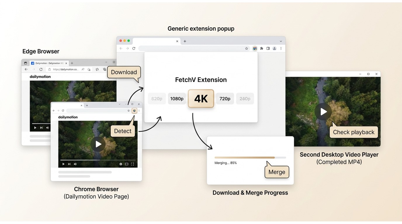 FetchV workflow in Chrome and Edge from stream detection to MP4 playback