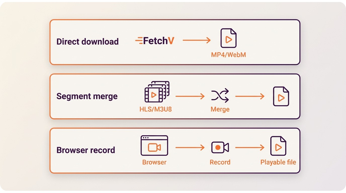 FetchV paths for MP4, WebM, HLS/M3U8, and browser recording