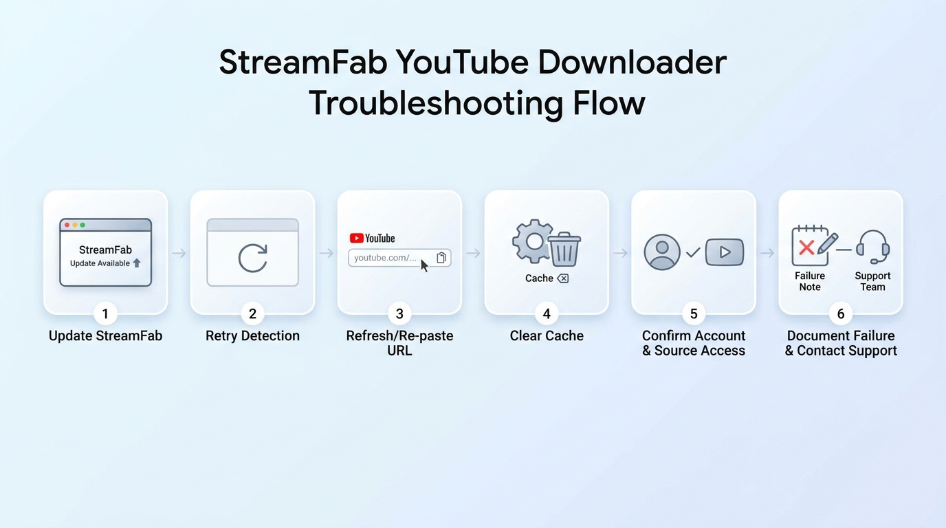 StreamFab recovery sequence for failed YouTube detection and downloads