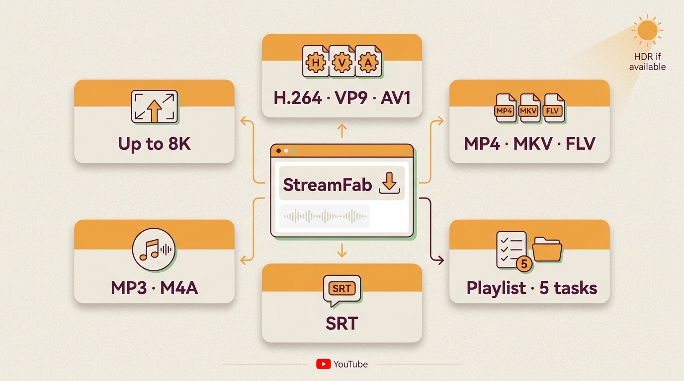 StreamFab output options for YouTube video, audio, subtitles, and batch queues