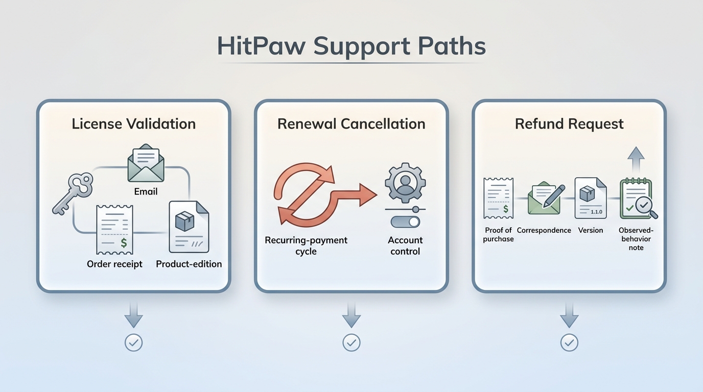 HitPaw paths for license validation, renewal cancellation, and refund requests.