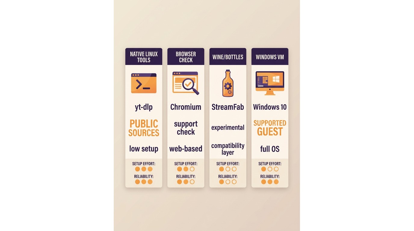 Comparison of native tools, browser checks, Wine, and Windows VM routes