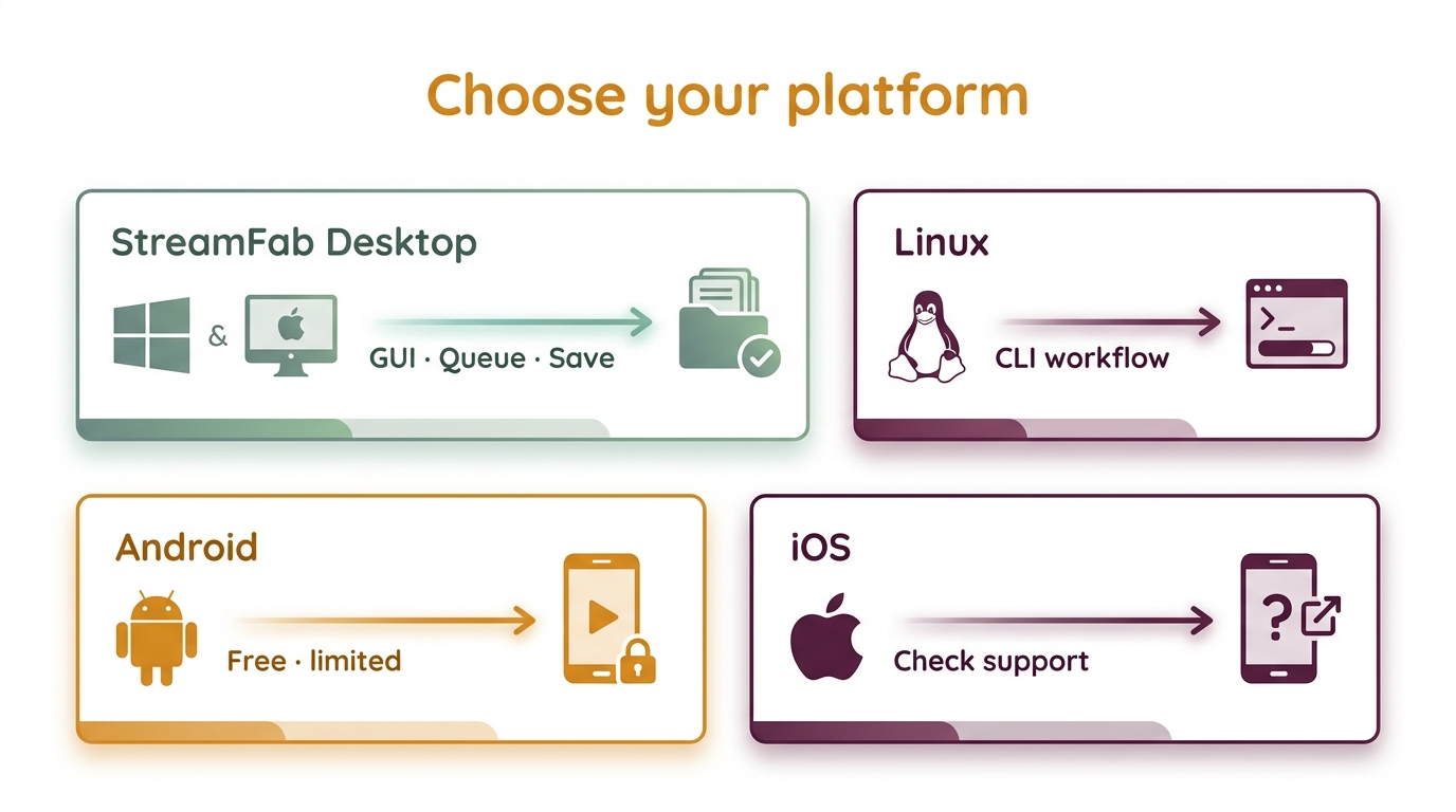 Platform choices for StreamFab on Windows, macOS, Linux, Android, and iOS