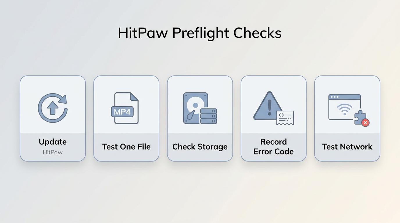 Five HitPaw preflight checks: update, test one file, storage, error code, and network.