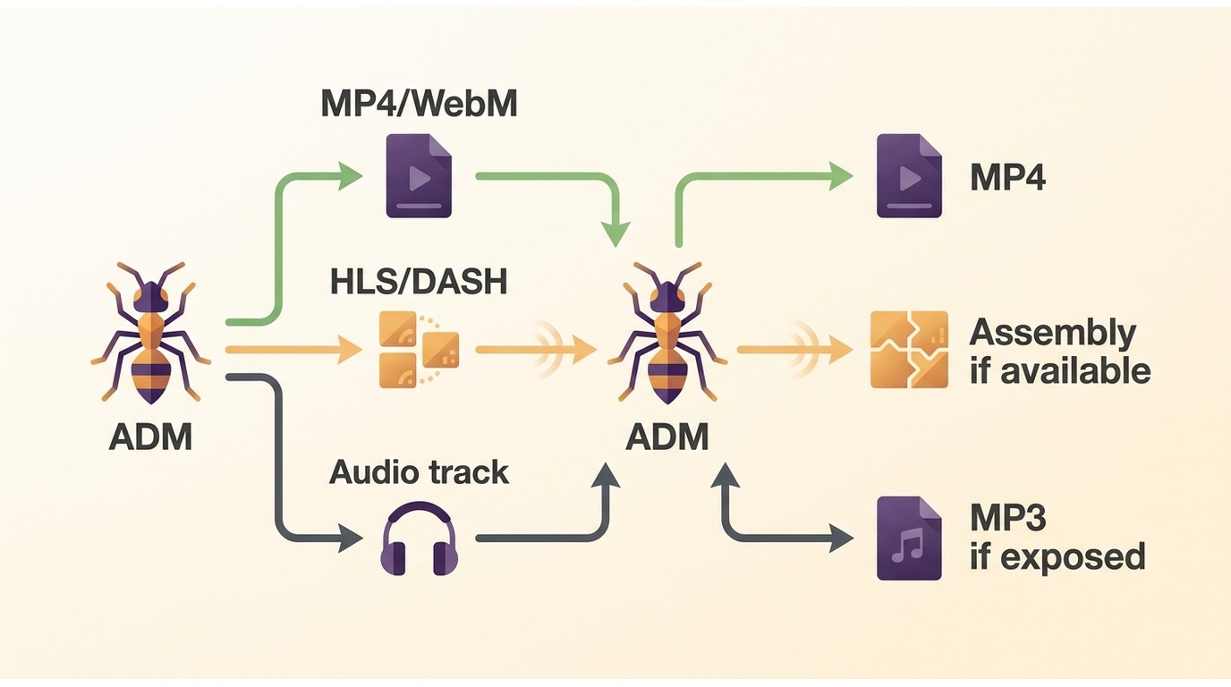 ADM output paths for MP4, WebM, HLS, DASH, and MP3 sources