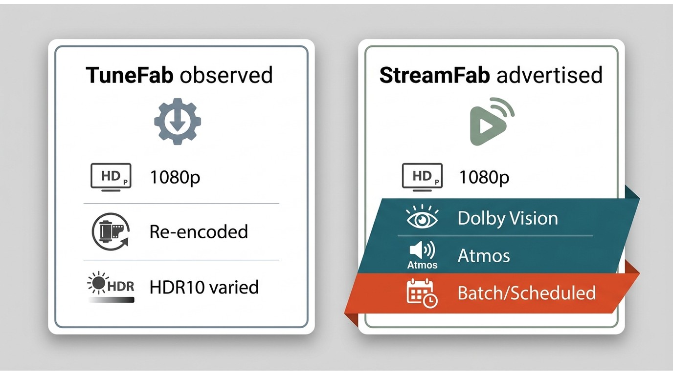 TuneFab and StreamFab quality comparison for 1080p, HDR, Dolby Vision, and Atmos