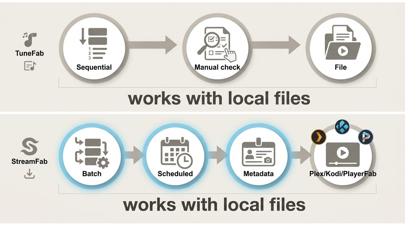 TuneFab and StreamFab workflows for queues, scheduling, and media metadata