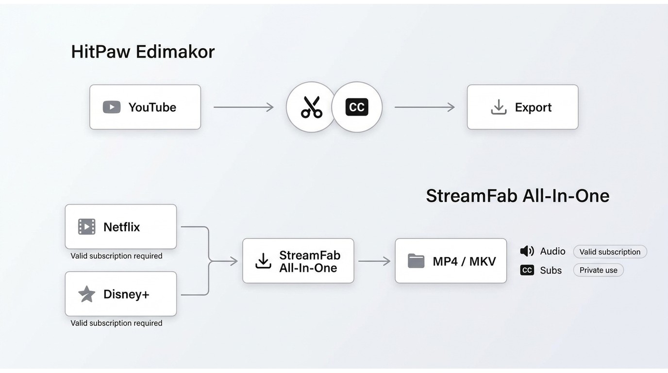 Edimakor editing a public clip versus StreamFab saving supported Netflix or Disney+ streams