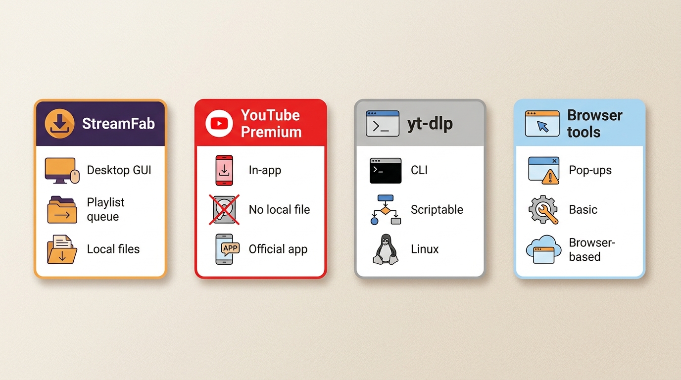 Comparison of StreamFab, YouTube Premium, yt-dlp, and browser download workflows