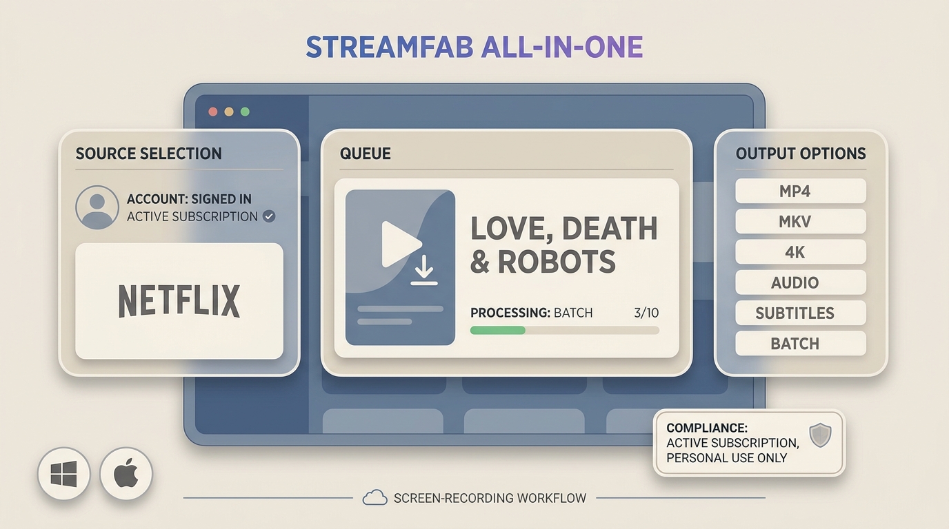 StreamFab All-In-One batch workflow with MP4, MKV, 4K, audio, and subtitle options.