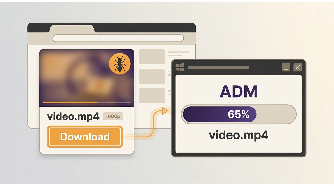 ADM browser extension handing a detected MP4 video to the Windows app