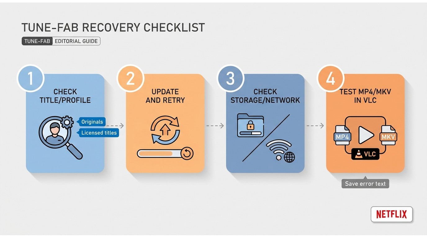 TuneFab Netflix download recovery flow from title check to VLC playback