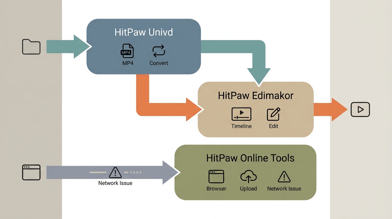 HitPaw Univd, Edimakor, and online tools matched to local files, editing, and browser issues.