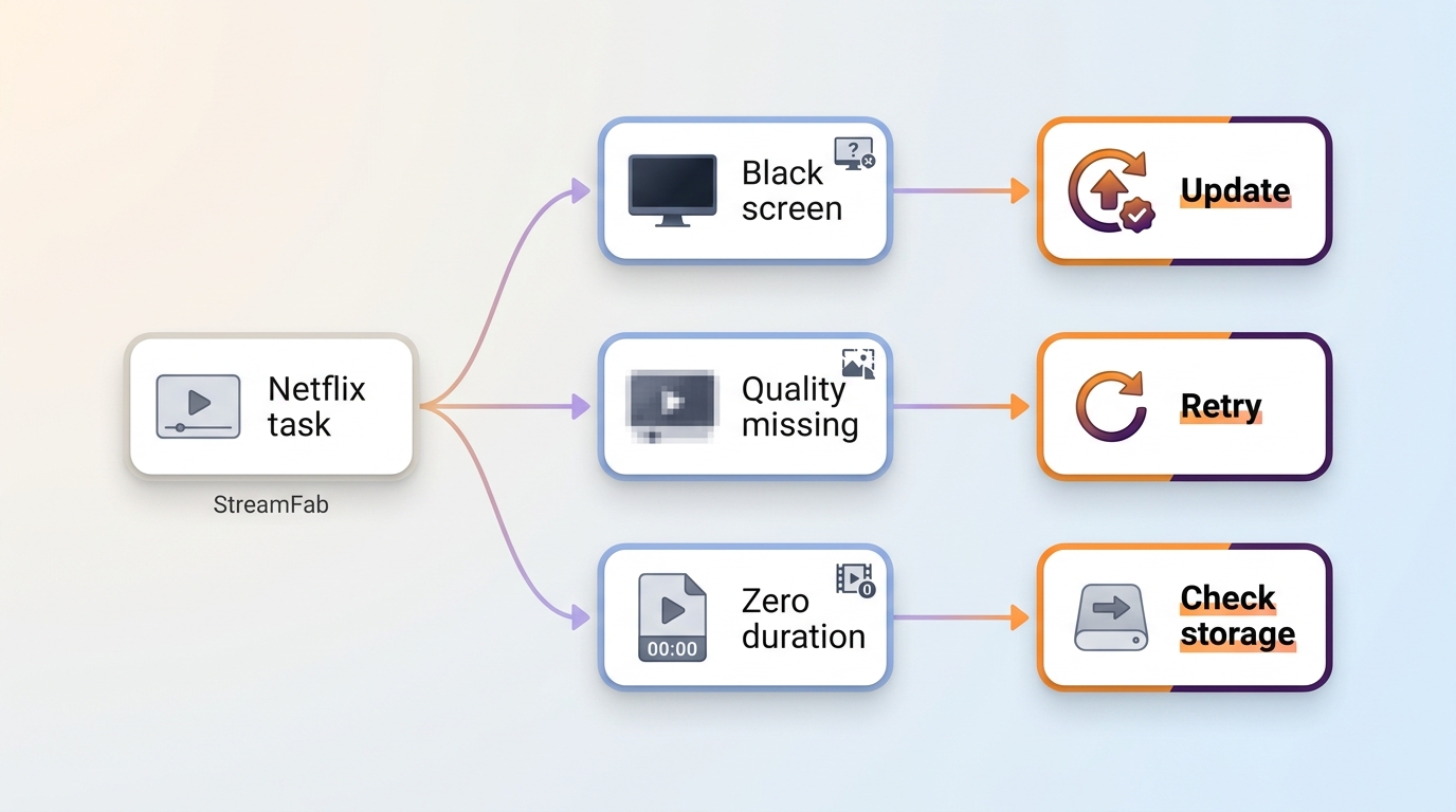 StreamFab troubleshooting path for black screens, unavailable quality, and zero-duration MP4 files.