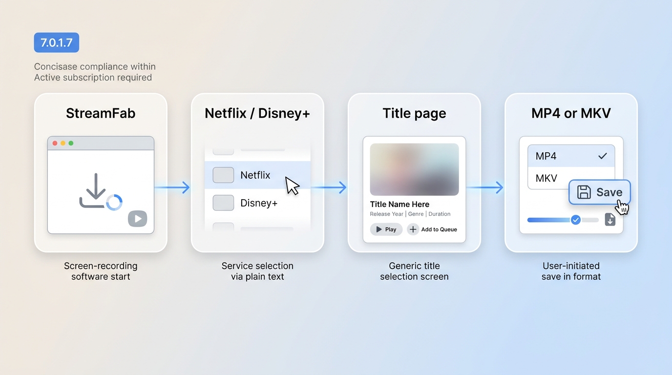 StreamFab workflow from service selection to MP4 download