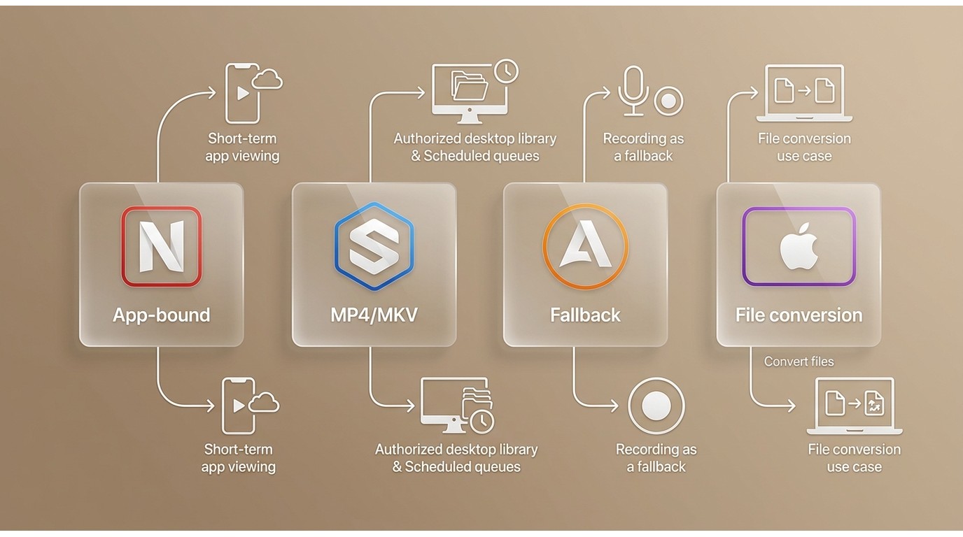 Comparison of Netflix downloads, StreamFab, Audials recording, and iTunes file conversion.