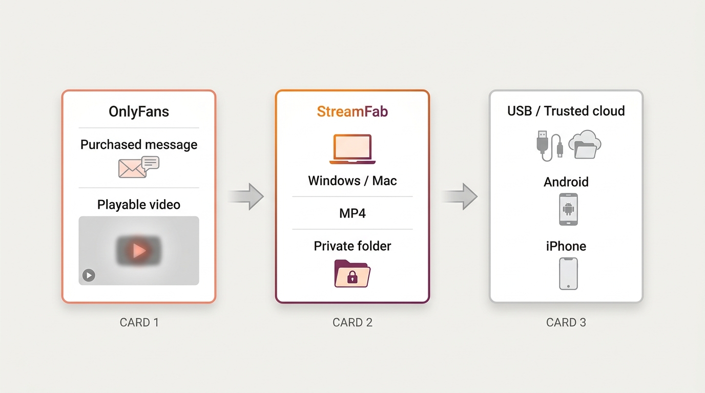 Workflow from an OnlyFans purchased message to StreamFab MP4 storage and phone transfer