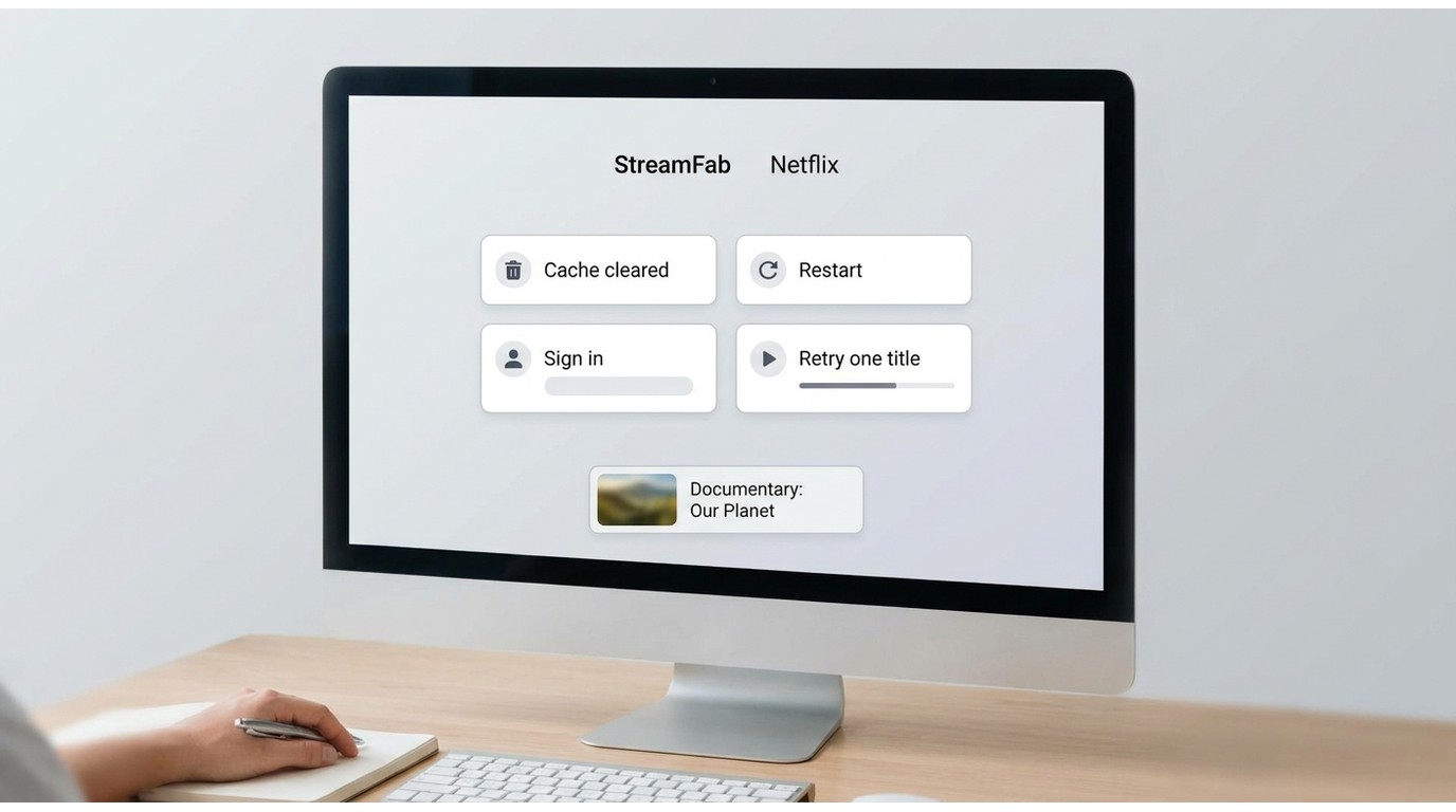 StreamFab checklist for clearing cache, restarting, signing in, and retrying Netflix