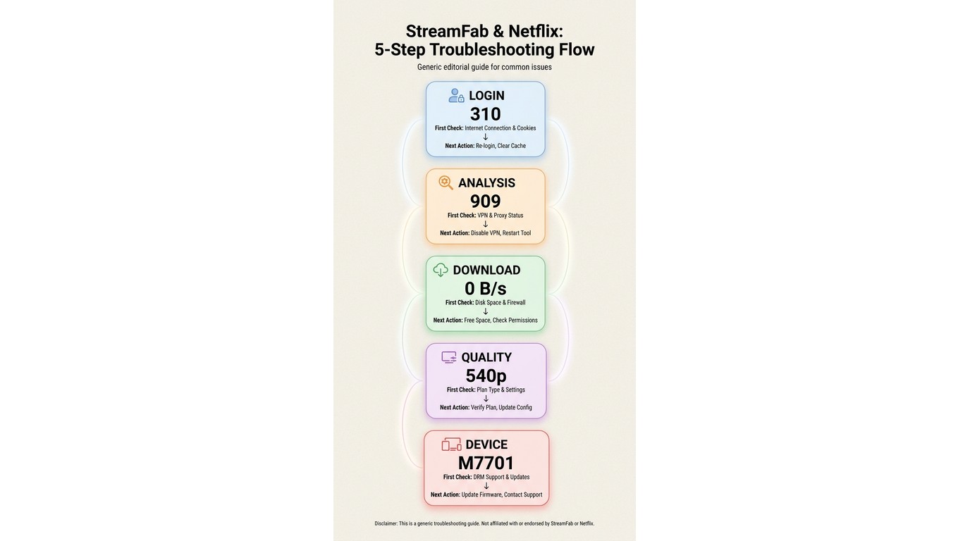 StreamFab Netflix error codes mapped to login, analysis, download, quality, and device stages